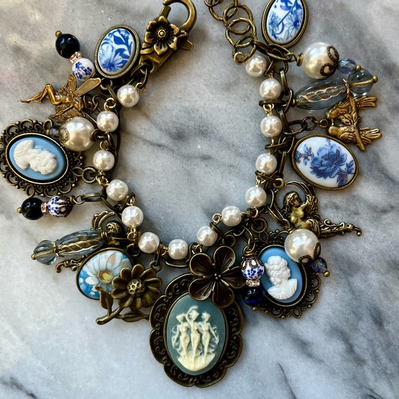 Hand Crafted Jewelry - Wedgwood Blue Style Three Muses Cameos Charm Bracelet